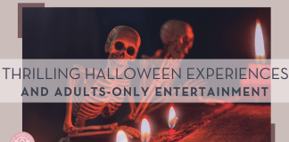 skeletons by flames with words 'thrilling halloween experiences and adults only entertainment'
